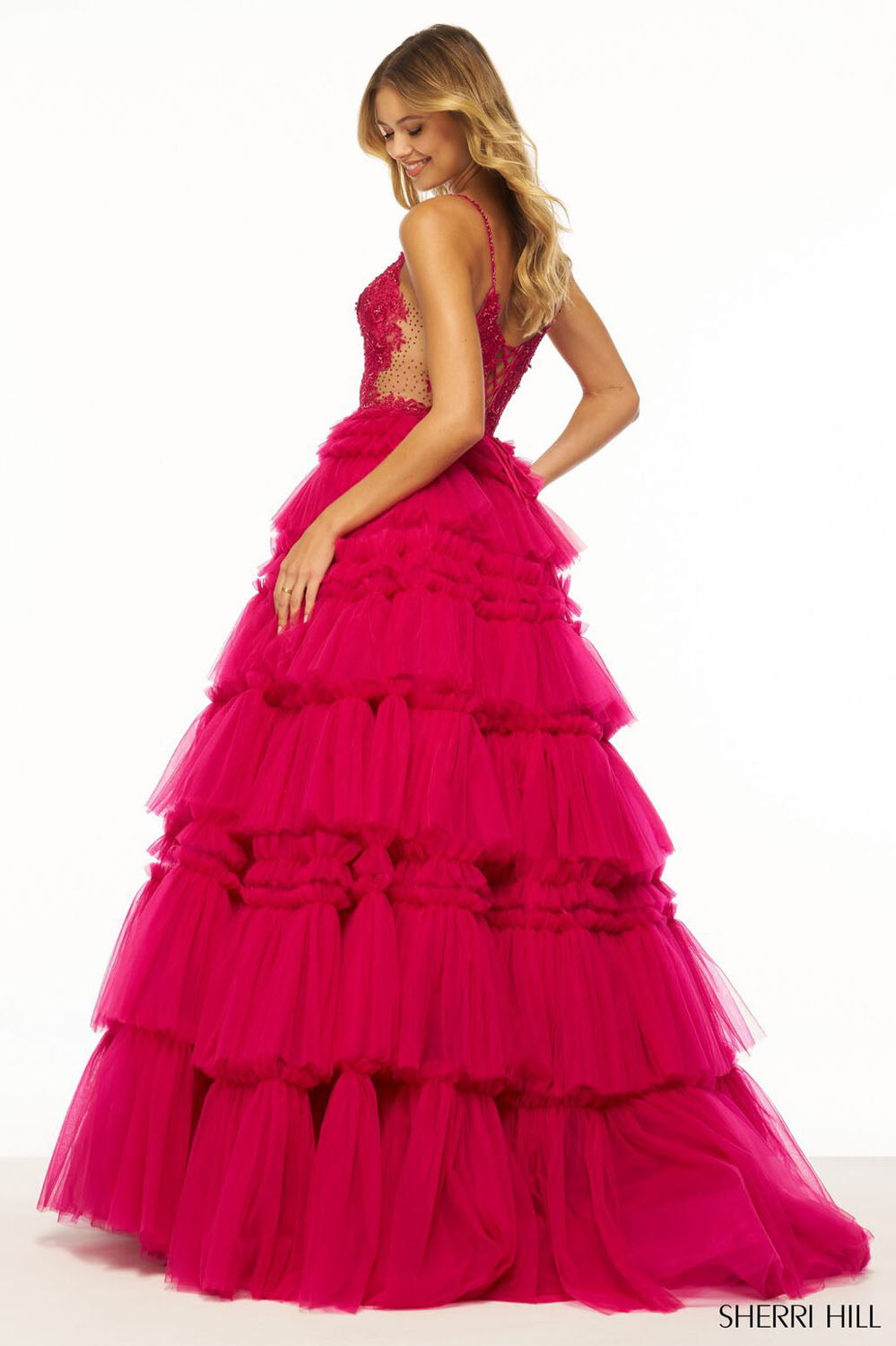 Sherri Hill 56102 prom dress images.  Sherri Hill 56102 is available in these colors: Light Blue, Ivory, Pink, Black, Red, Light Champagne, Periwinkle, Lilac, Magenta.