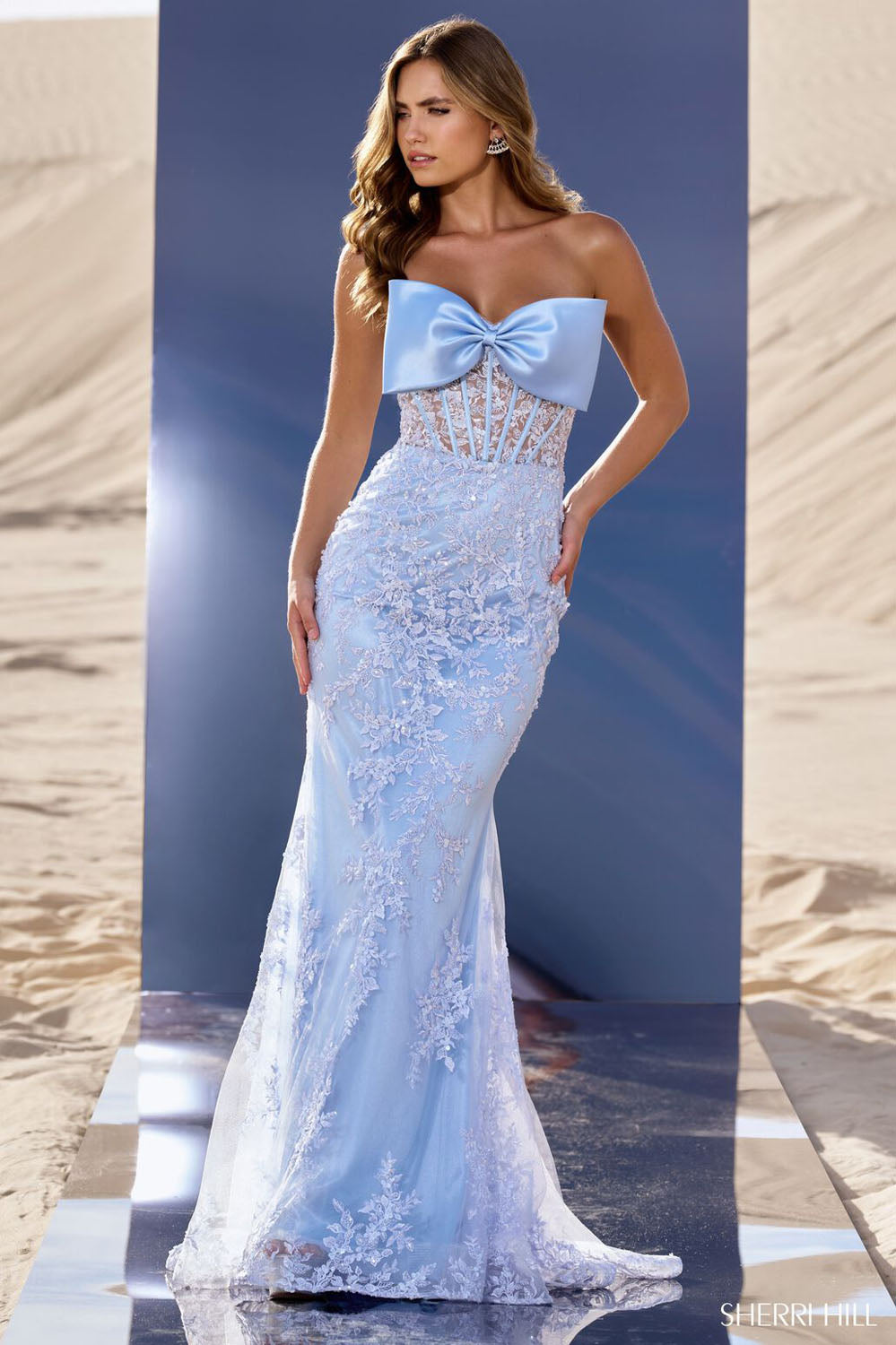 Sherri Hill 56446 prom dress images. Sherri Hill 56446 is available in these colors: Navy, Ivory, Blush, Light Blue, Red, Black.