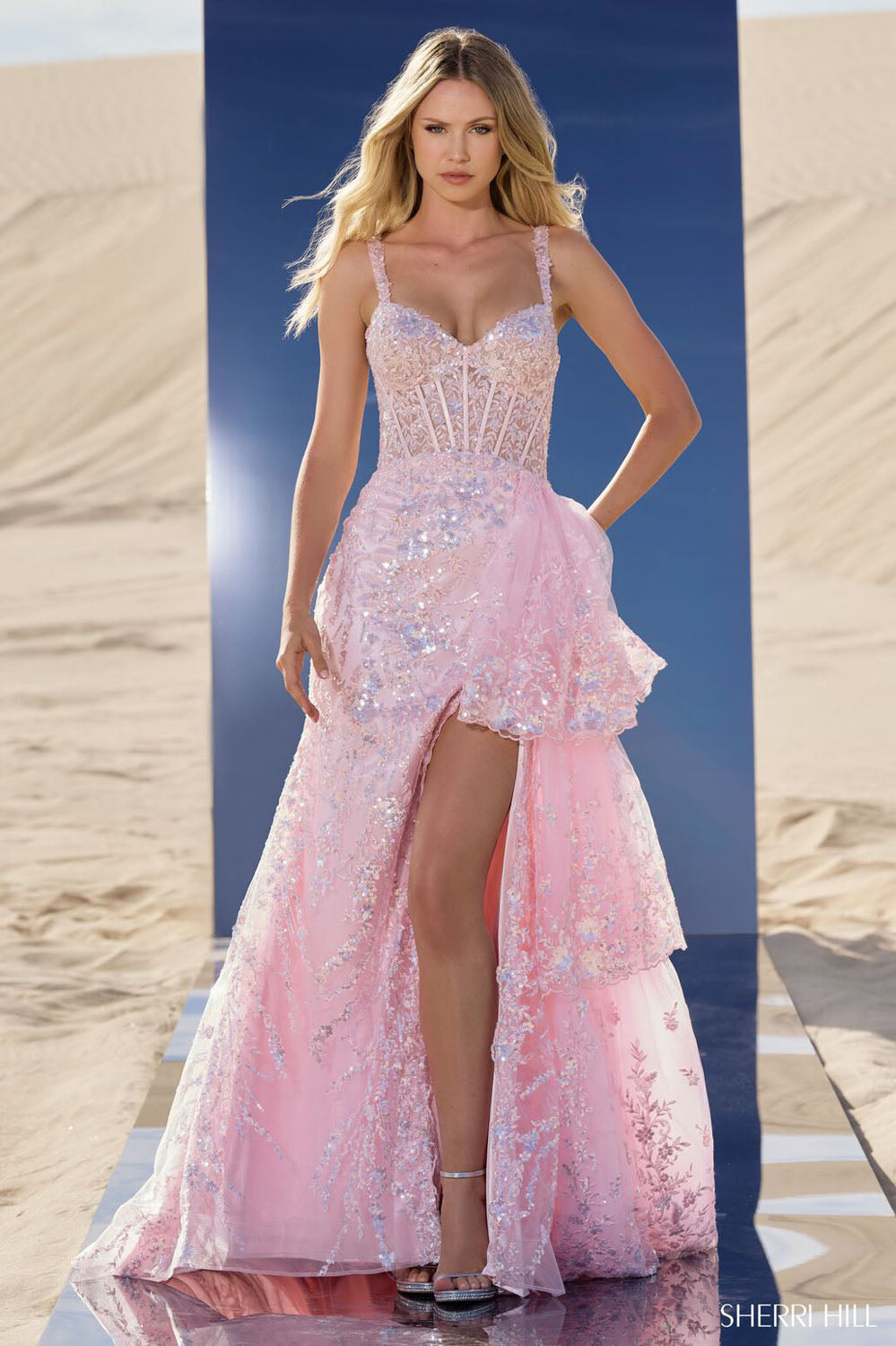 Sherri Hill 56589 prom dress images.  Sherri Hill 56589 is available in these colors: Silver, Gold, Black, Blush, Light Blue, Navy, Fuchsia, Peacock.