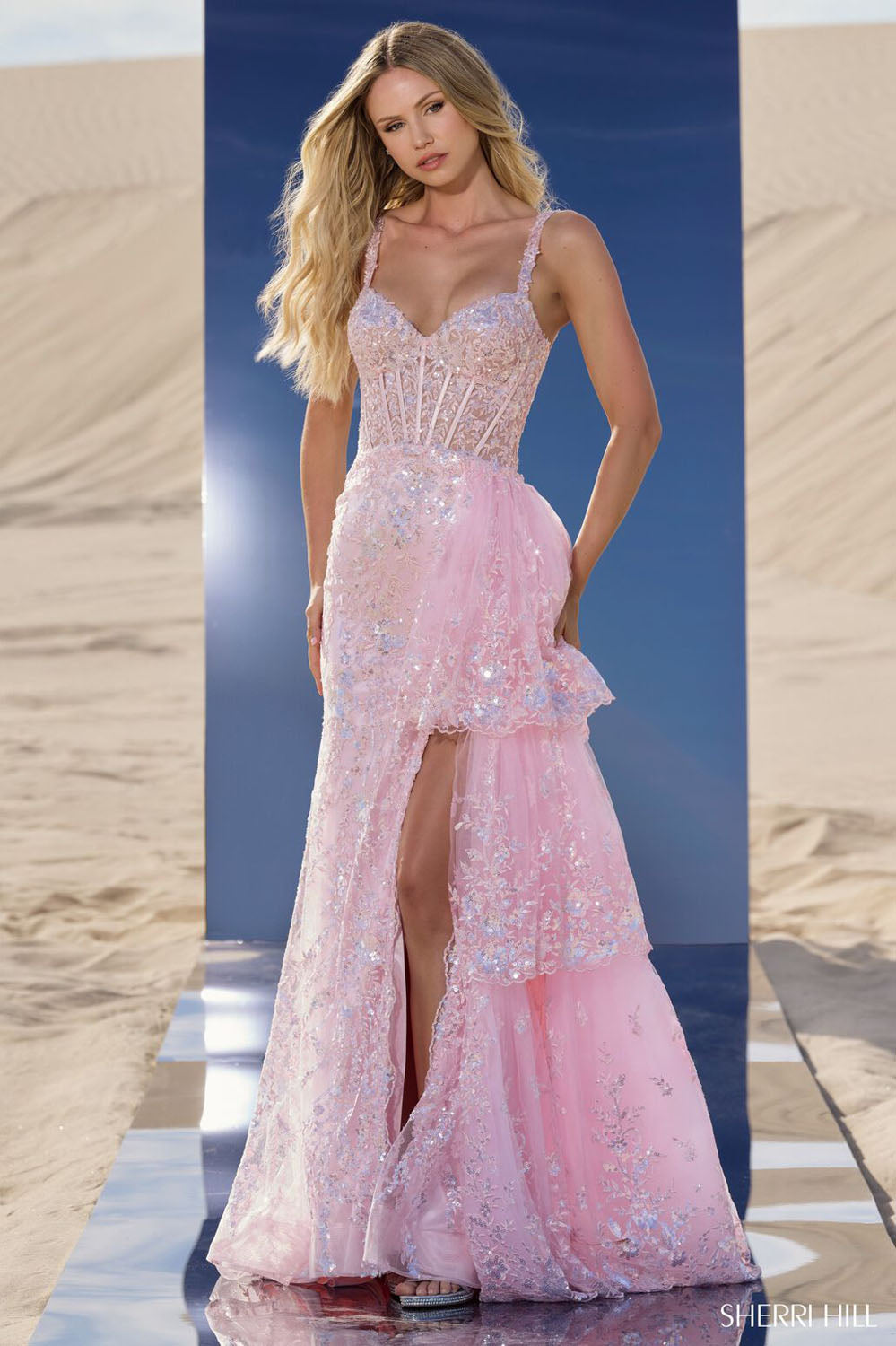 Sherri Hill 56589 prom dress images.  Sherri Hill 56589 is available in these colors: Silver, Gold, Black, Blush, Light Blue, Navy, Fuchsia, Peacock.