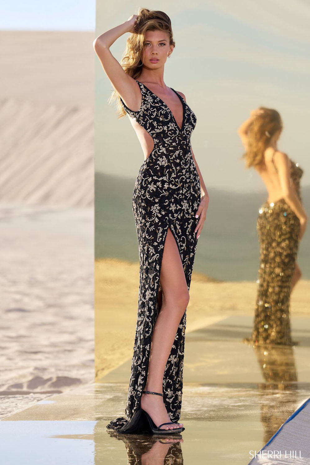 Sherri Hill 56671 prom dress images.  Sherri Hill 56671 is available in these colors: Black Gold Gunmetal.