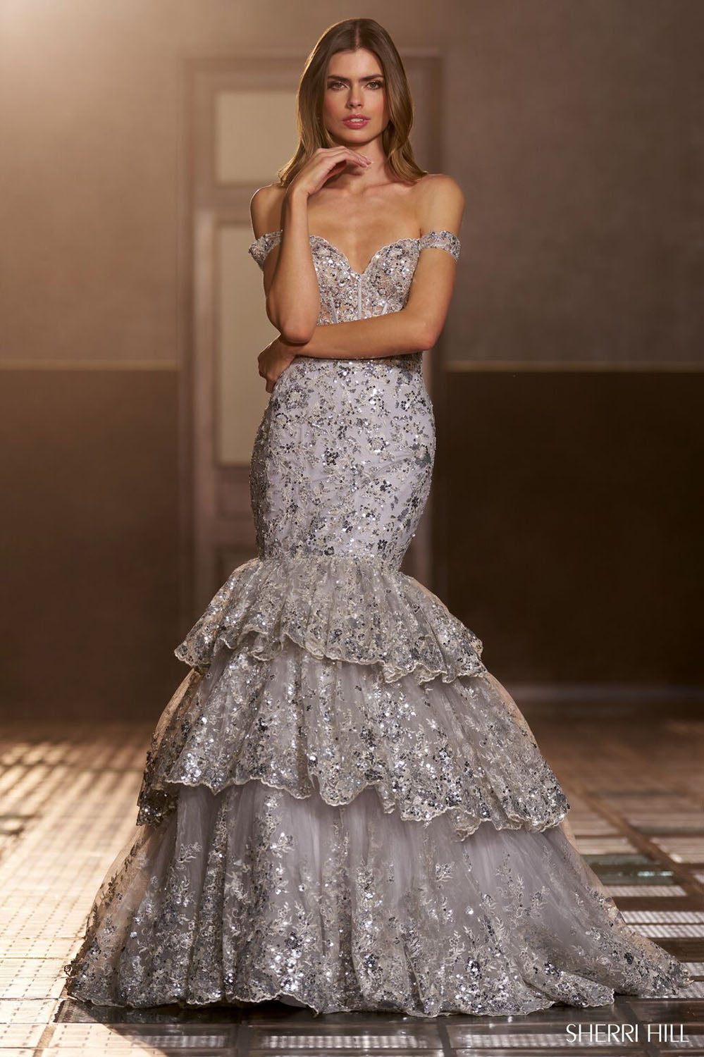 Sherri Hill 56687 prom dress images.  Sherri Hill 56687 is available in these colors: Silver, Gold, Black, Navy, Light Blue, Ivory, Fuchsia.