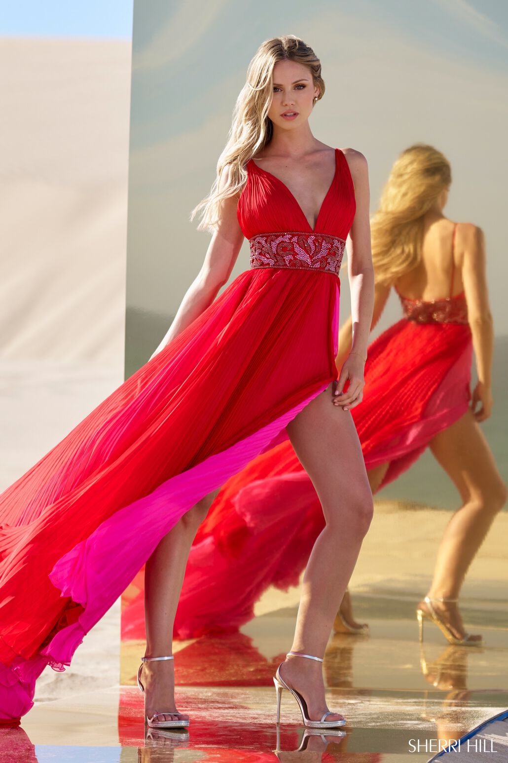 Sherri Hill 56700 prom dress images.  Sherri Hill 56700 is available in these colors: Red Fuchsia.