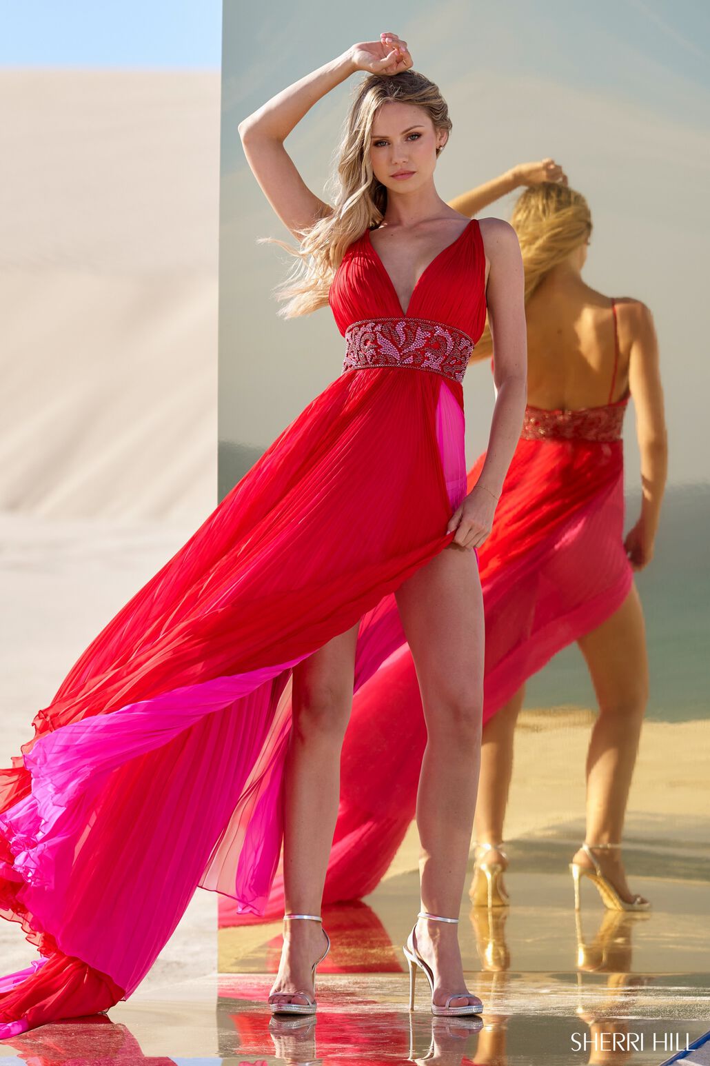 Sherri Hill 56700 prom dress images.  Sherri Hill 56700 is available in these colors: Red Fuchsia.