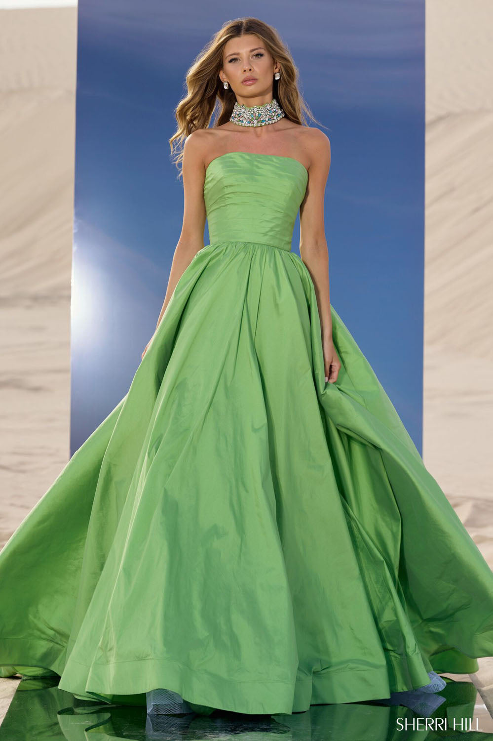 Sherri Hill 56748 prom dress images.  Sherri Hill 56748 is available in these colors: Chartreuse.