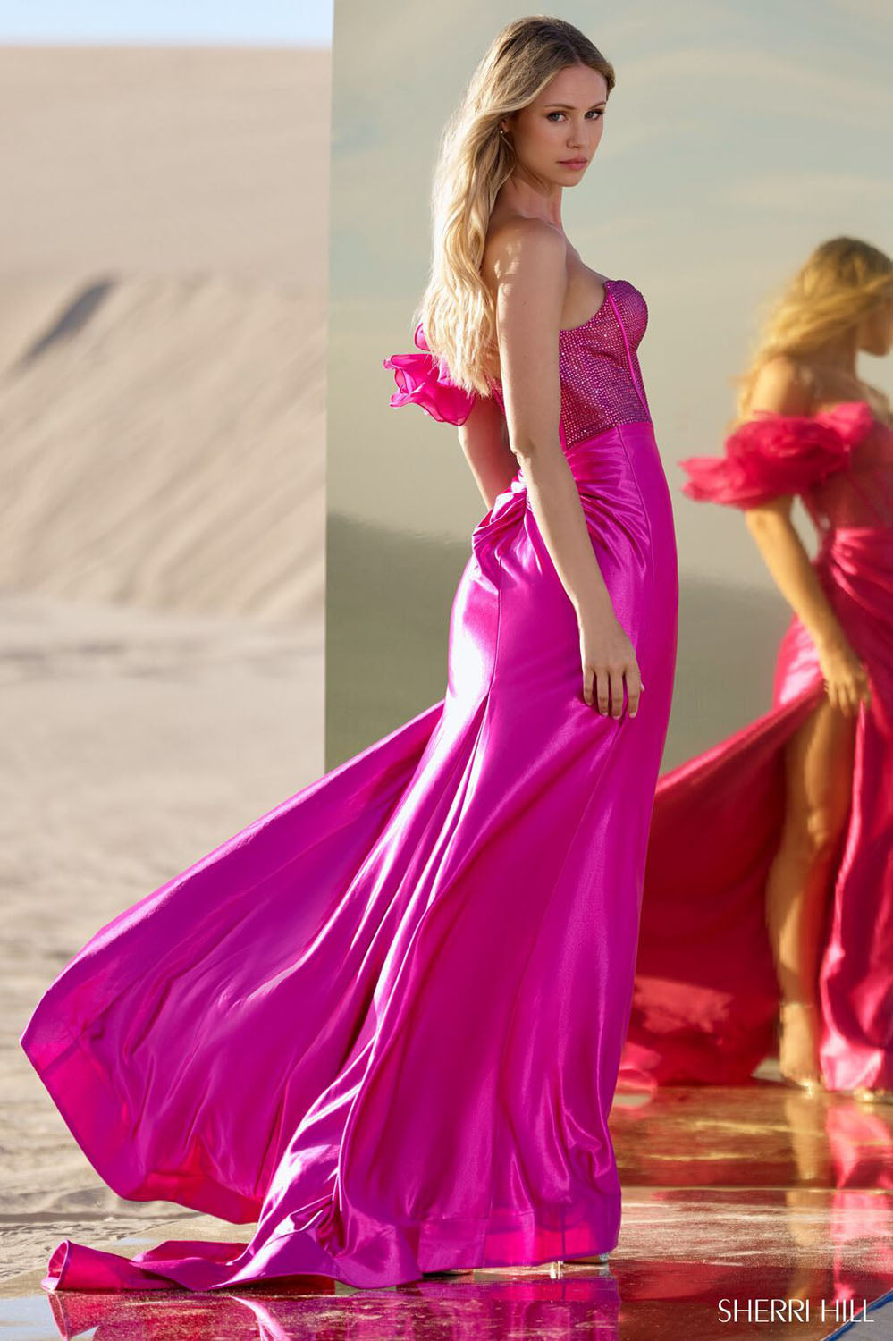 Sherri Hill 56764 prom dress images. Sherri Hill 56764 is available in these colors: Black, Red, Fuchsia.