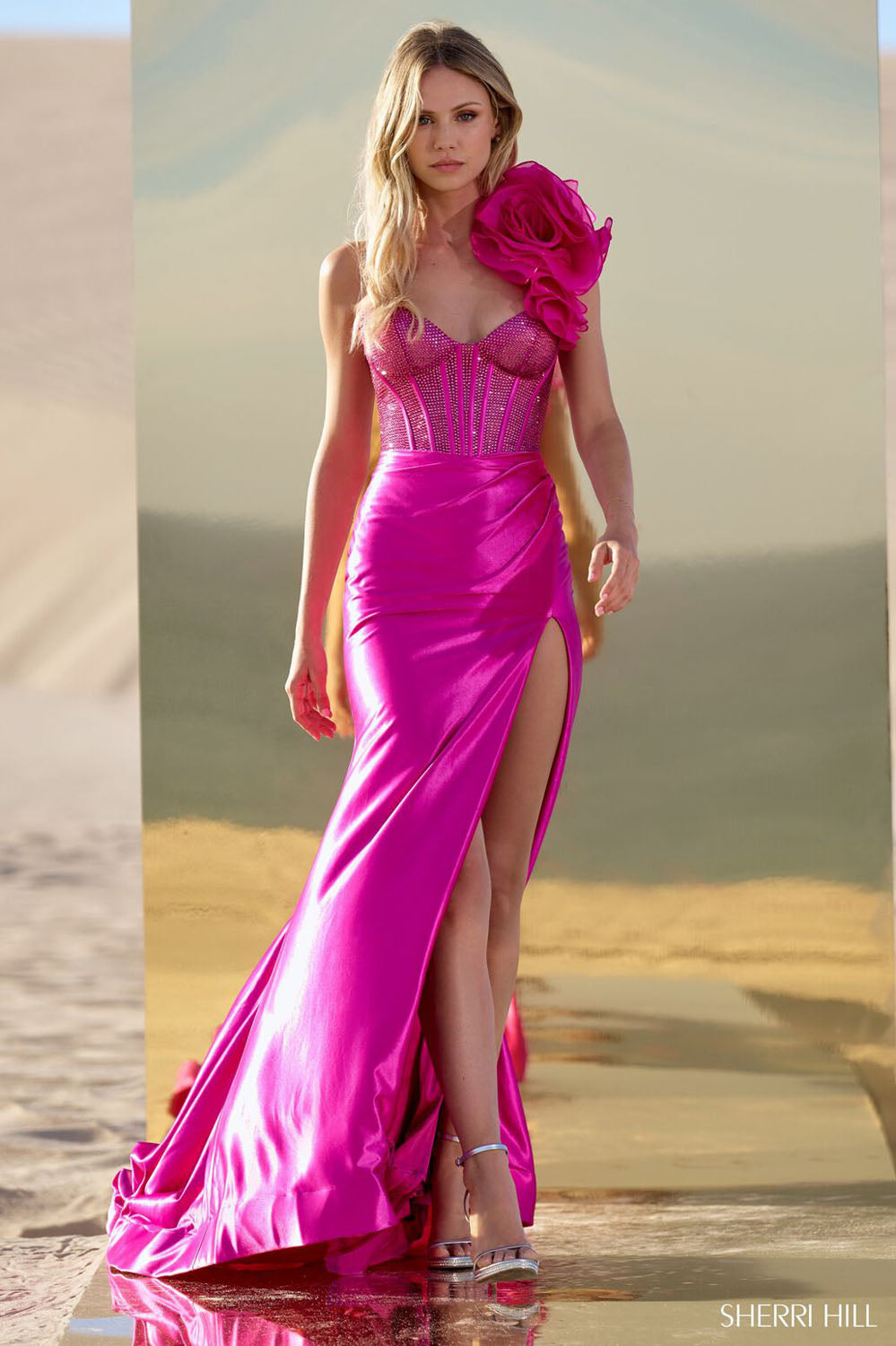 Sherri Hill 56764 prom dress images. Sherri Hill 56764 is available in these colors: Black, Red, Fuchsia.