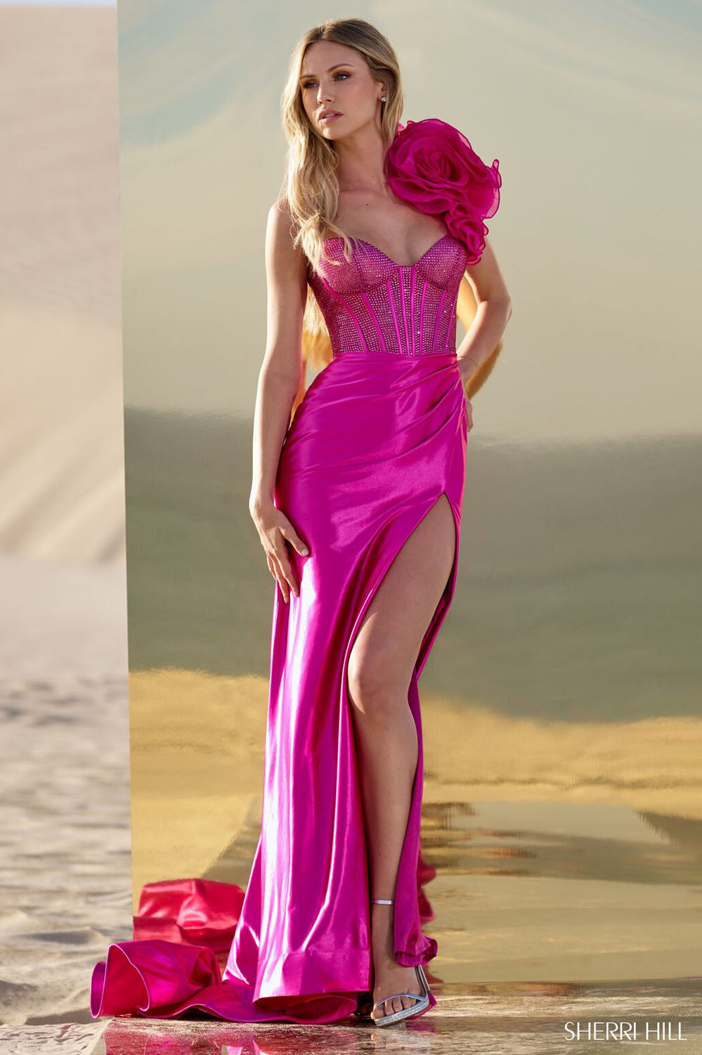 Sherri Hill 56764 prom dress images. Sherri Hill 56764 is available in these colors: Black, Red, Fuchsia.