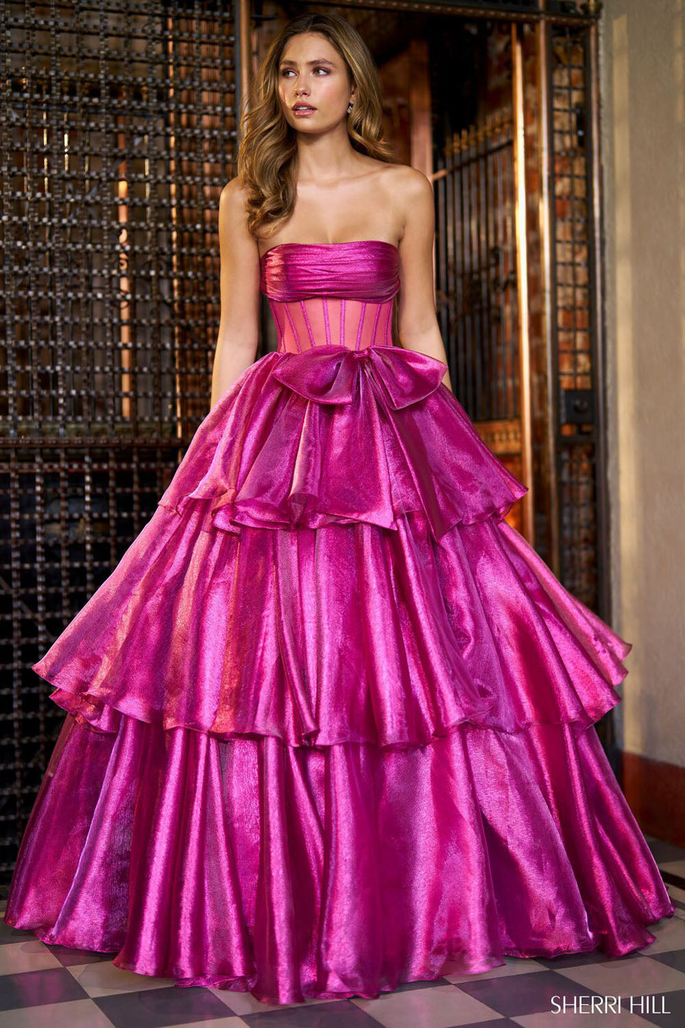 Sherri Hill 56767 prom dress images. Sherri Hill 56767 is available in these colors: Fuchsia, Pink, Gold, Peacock, Light Blue, Silver, Black, Chartreuse.