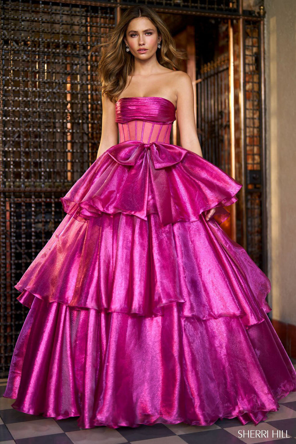 Sherri Hill 56767 prom dress images. Sherri Hill 56767 is available in these colors: Fuchsia, Pink, Gold, Peacock, Light Blue, Silver, Black, Chartreuse.