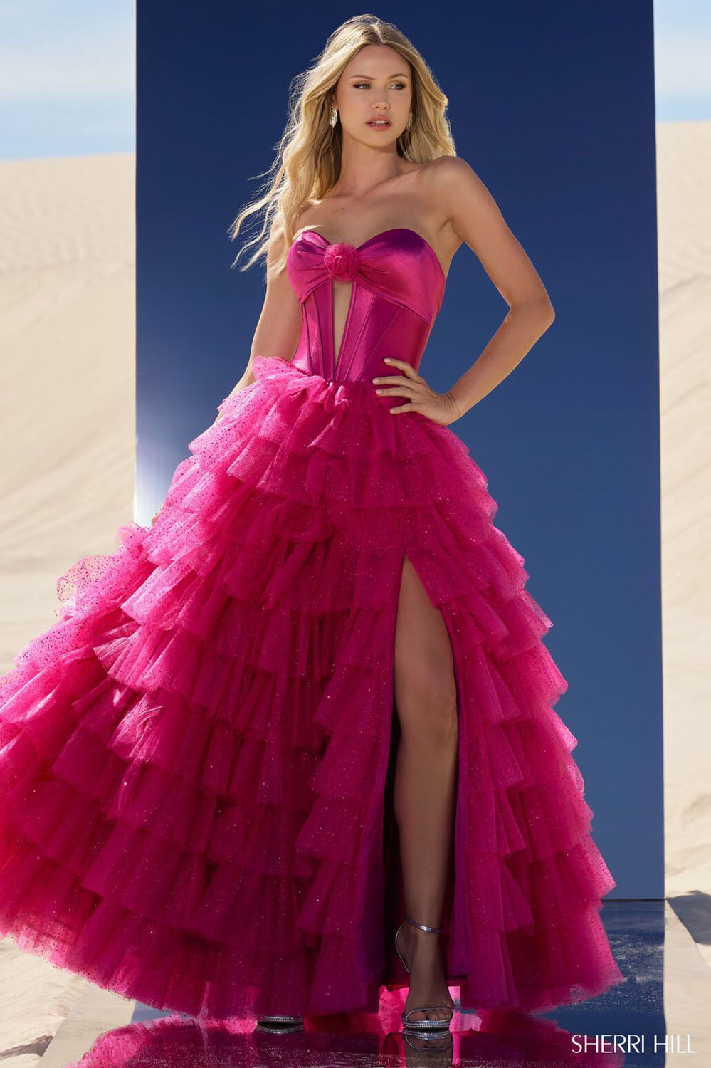 Sherri Hill 56804 prom dress images.  Sherri Hill 56804 is available in these colors: Peacock, Navy, Ivory, Red, Black, Fuchsia.