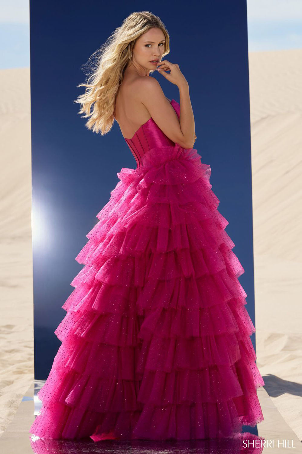 Sherri Hill 56804 prom dress images.  Sherri Hill 56804 is available in these colors: Peacock, Navy, Ivory, Red, Black, Fuchsia.