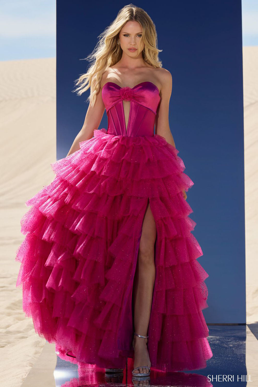 Sherri Hill 56804 prom dress images.  Sherri Hill 56804 is available in these colors: Peacock, Navy, Ivory, Red, Black, Fuchsia.