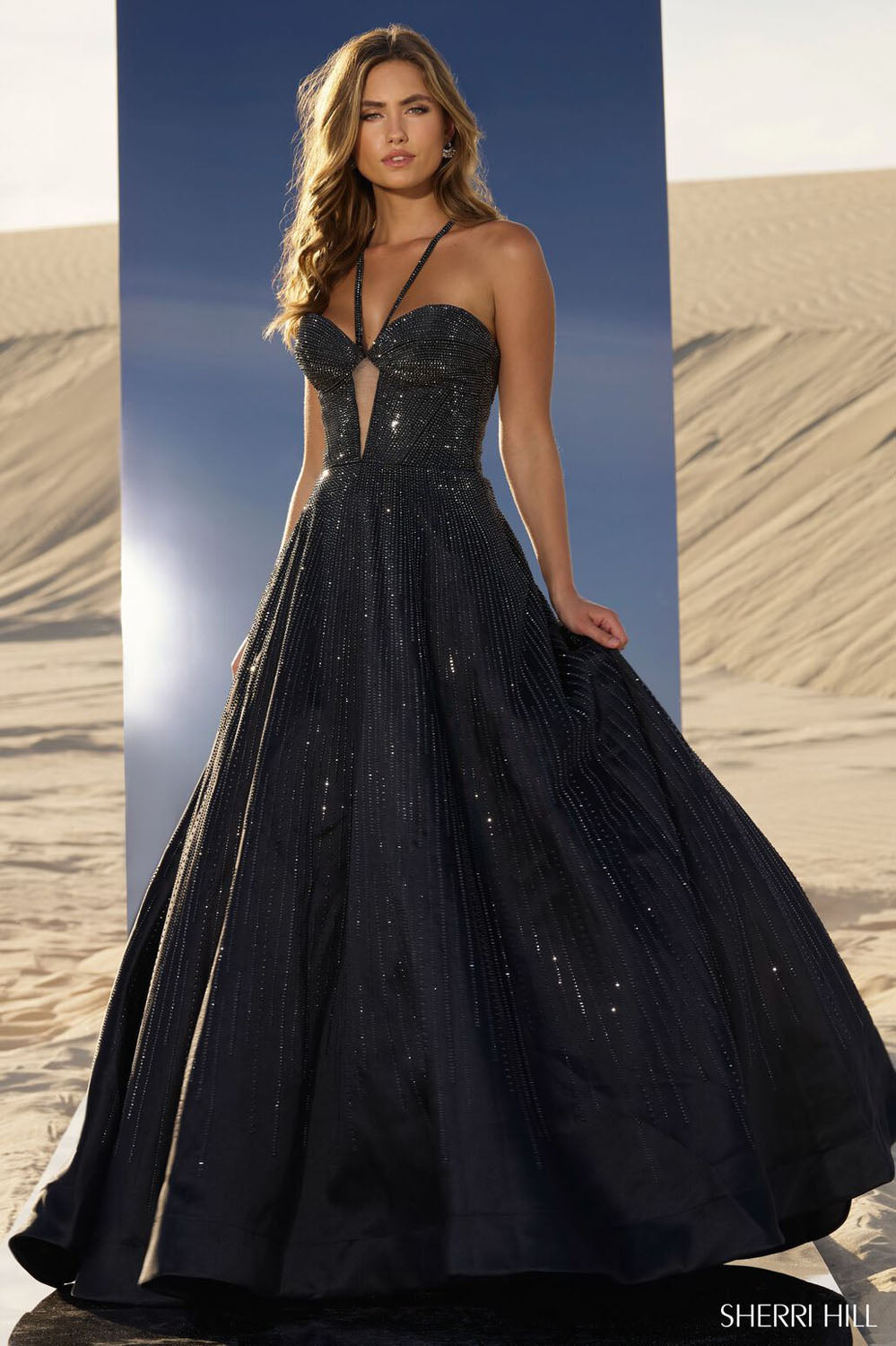 Sherri Hill 56815 prom dress images.  Sherri Hill 56815 is available in these colors: Navy, Red, Lilac, Royal, Black, Peacock, Nude Silver, Fuchsia, Yellow, Emerald.