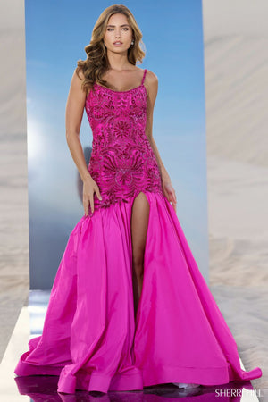 Sherri Hill 56831 prom dress images.  Sherri Hill 56831 is available in these colors: Peacock, Periwinkle, Jade, Orange, Aqua, Yellow, Bright Fuchsia.