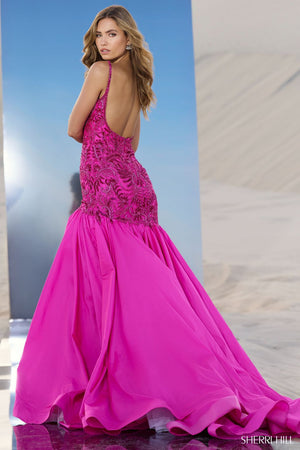 Sherri Hill 56831 prom dress images.  Sherri Hill 56831 is available in these colors: Peacock, Periwinkle, Jade, Orange, Aqua, Yellow, Bright Fuchsia.