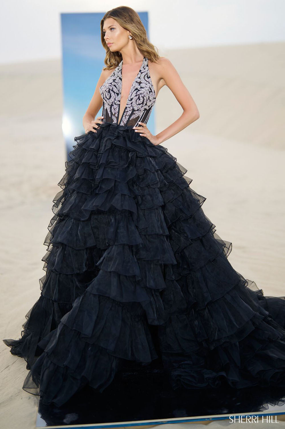 Sherri Hill 56833 prom dress images. Sherri Hill 56833 is available in these colors: Black Silver.