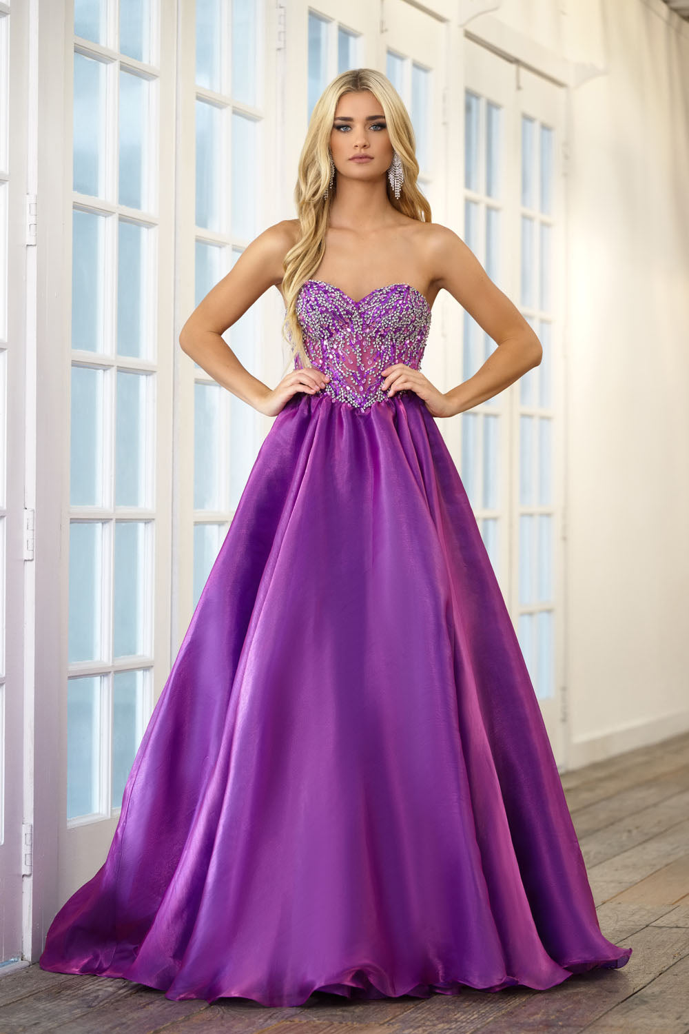 Ava Presley 28588 prom dress images.  Ava Presley 28588 is available in these colors: Coral Pink, Iridescent Purple.