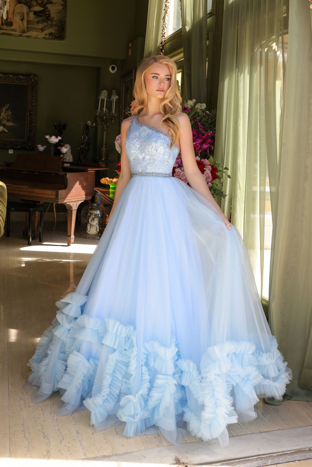 Ava Presley 29527 prom dress images.  Ava Presley 29527 is available in these colors: Light Blue, Red, Periwinkle.