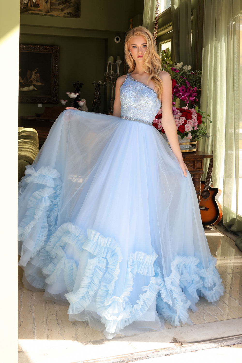 Ava Presley 29527 prom dress images.  Ava Presley 29527 is available in these colors: Light Blue, Red, Periwinkle.