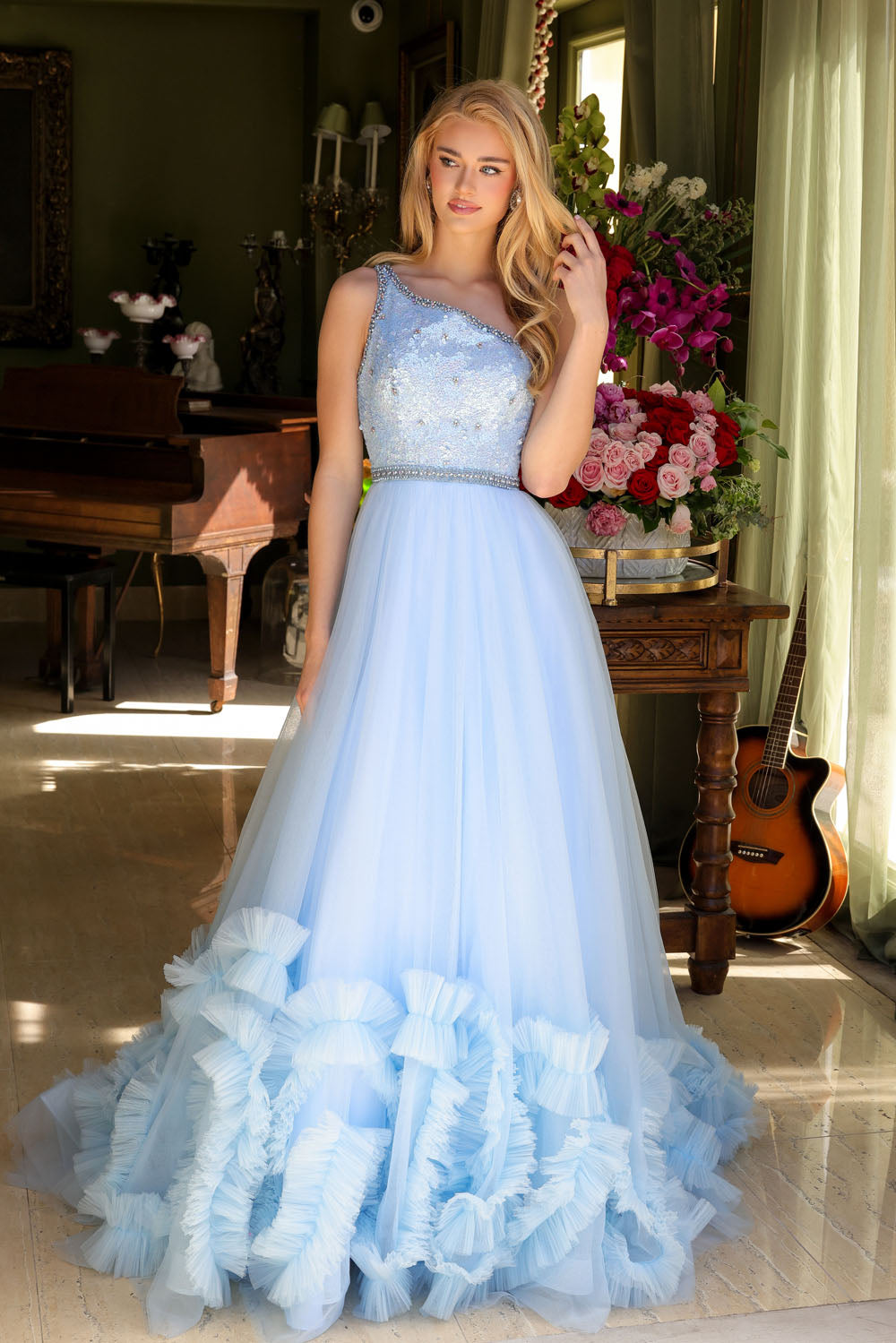 Ava Presley 29527 prom dress images.  Ava Presley 29527 is available in these colors: Light Blue, Red, Periwinkle.