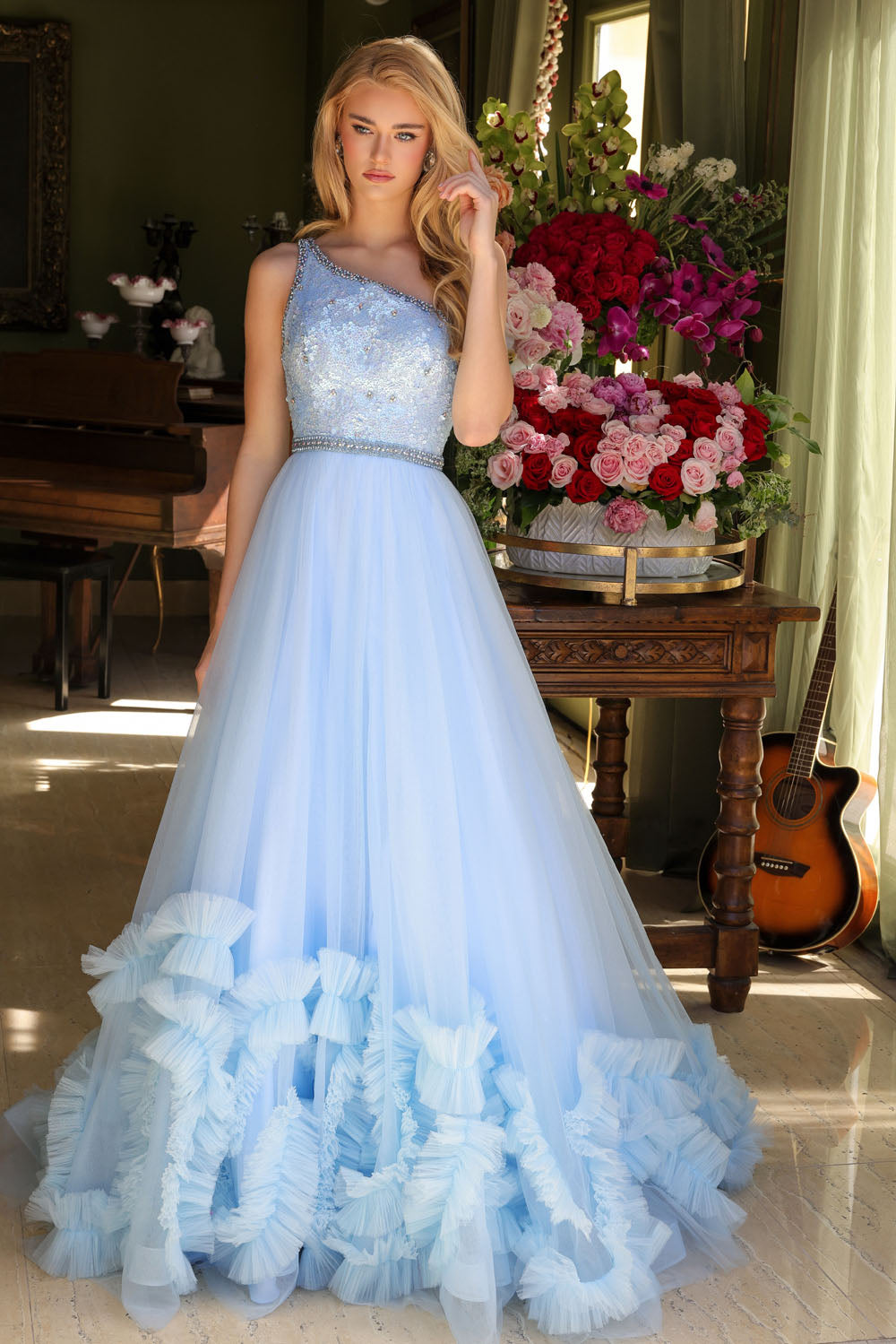 Ava Presley 29527 prom dress images.  Ava Presley 29527 is available in these colors: Light Blue, Red, Periwinkle.