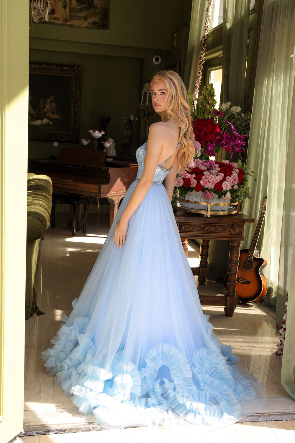 Ava Presley 29527 prom dress images.  Ava Presley 29527 is available in these colors: Light Blue, Red, Periwinkle.