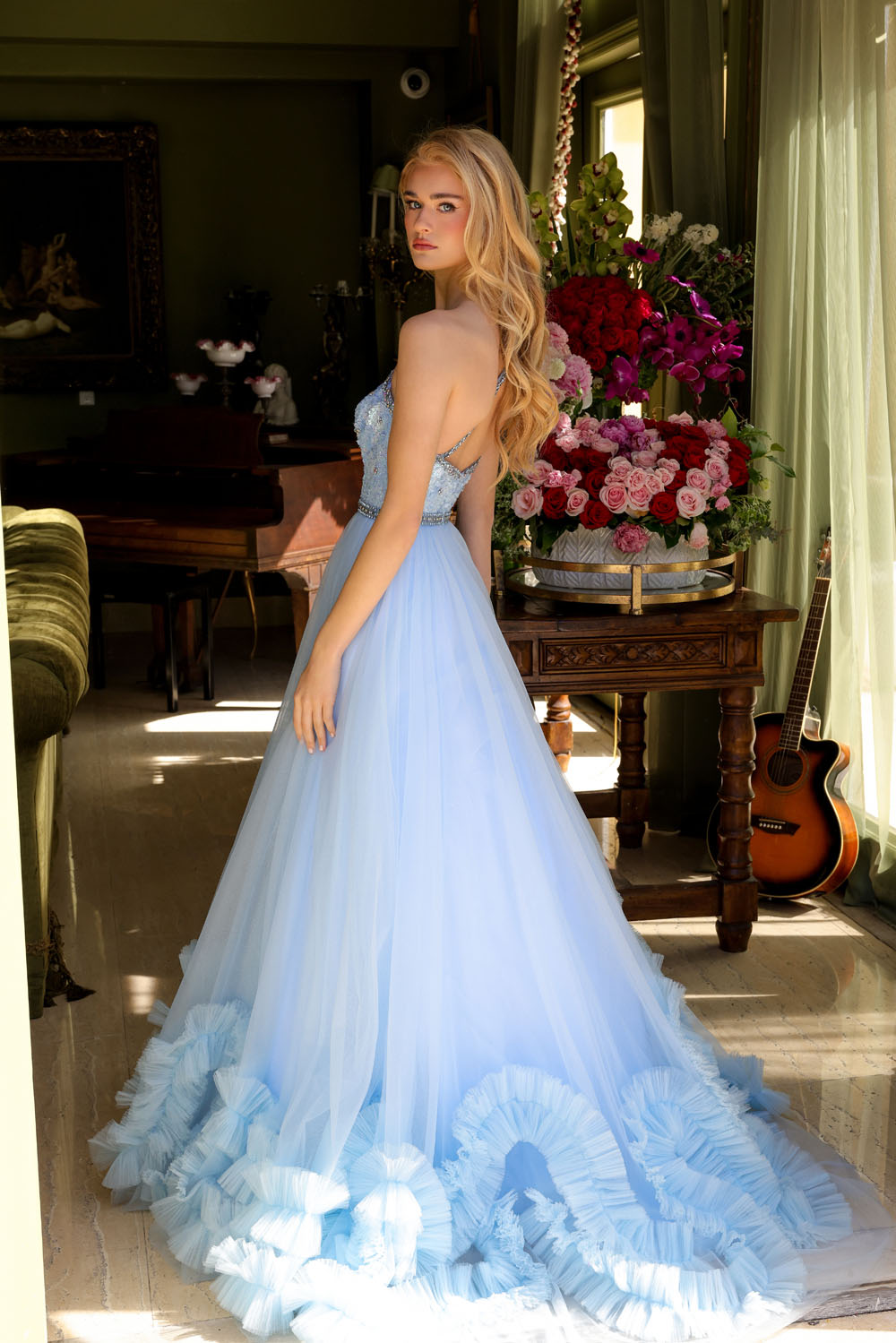 Ava Presley 29527 prom dress images.  Ava Presley 29527 is available in these colors: Light Blue, Red, Periwinkle.