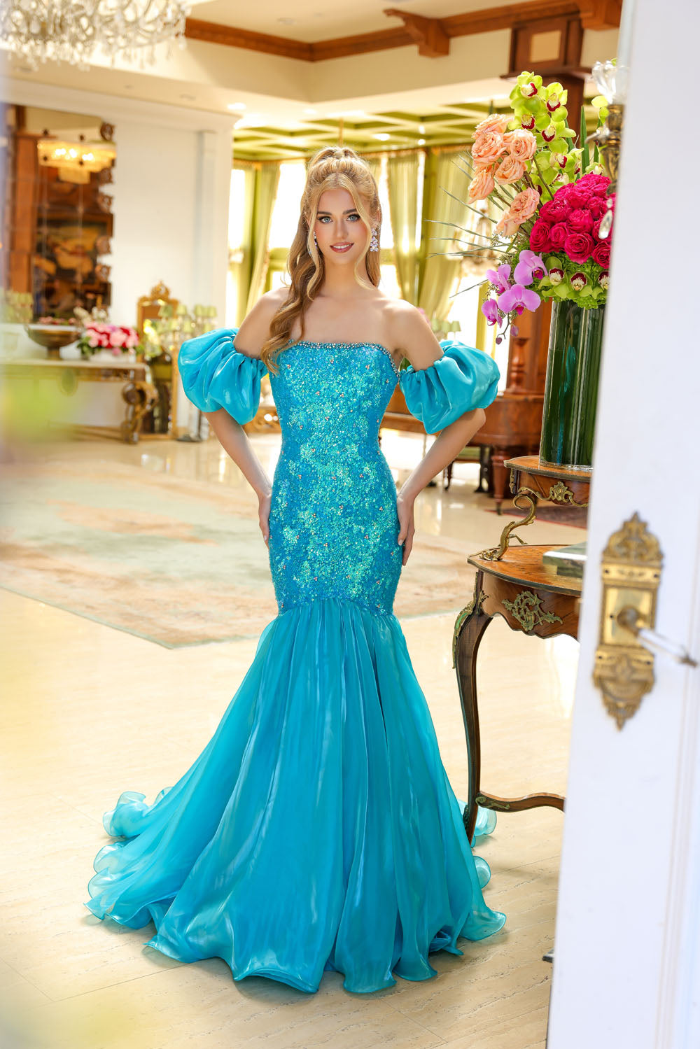 Ava Presley 39570 prom dress images.  Ava Presley 39570 is available in these colors: Turquoise, Pink, Black, Coral, Off White, Fuchsia.