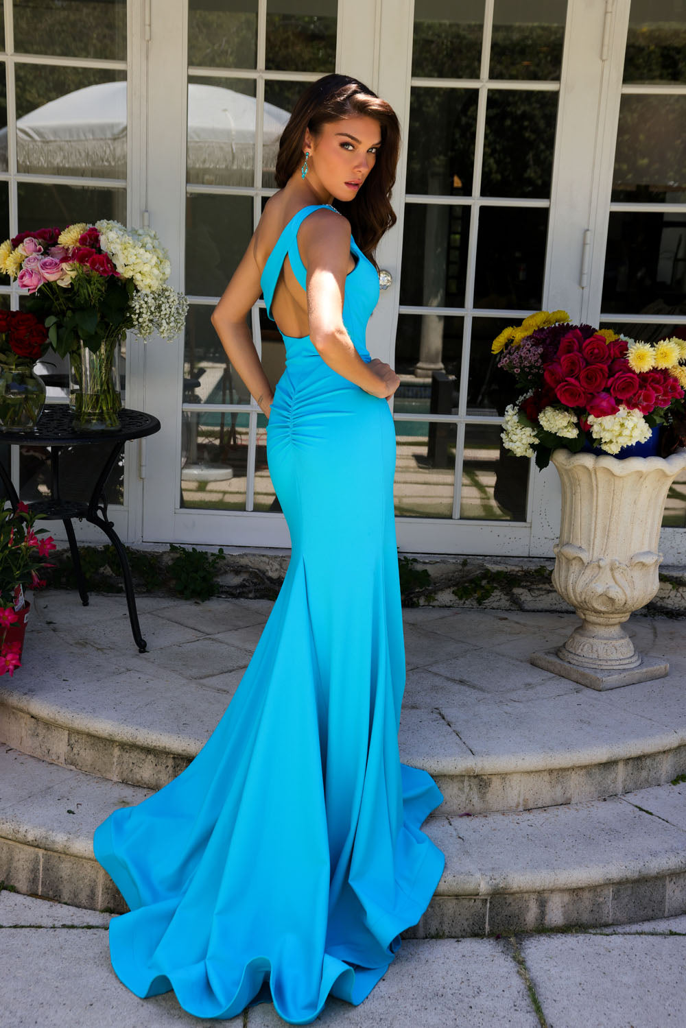 Ava Presley 40014 prom dress images.  Ava Presley 40014 is available in these colors: Turquoise,Neon Orange,Black,Red.