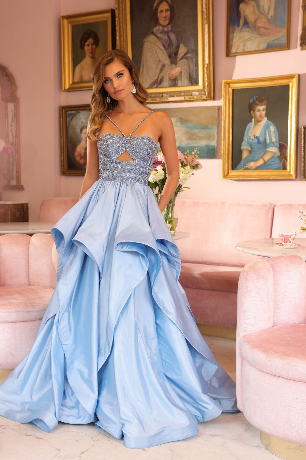 Ava Presley 40054 prom dress images.  Ava Presley 40054 is available in these colors: Sky Blue,Lilac,Bubblegum.