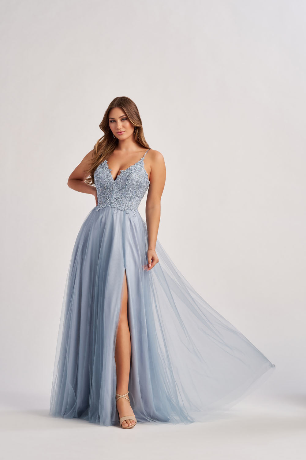 Colette CL8190 prom dress images.  Colette CL8190 is available in these colors: Dusty Blue.