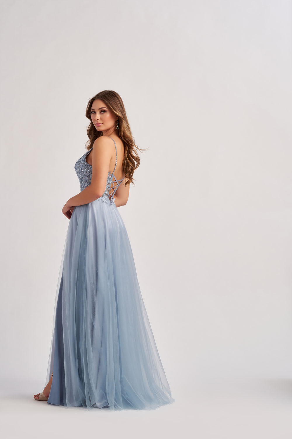 Colette CL8190 prom dress images.  Colette CL8190 is available in these colors: Dusty Blue.