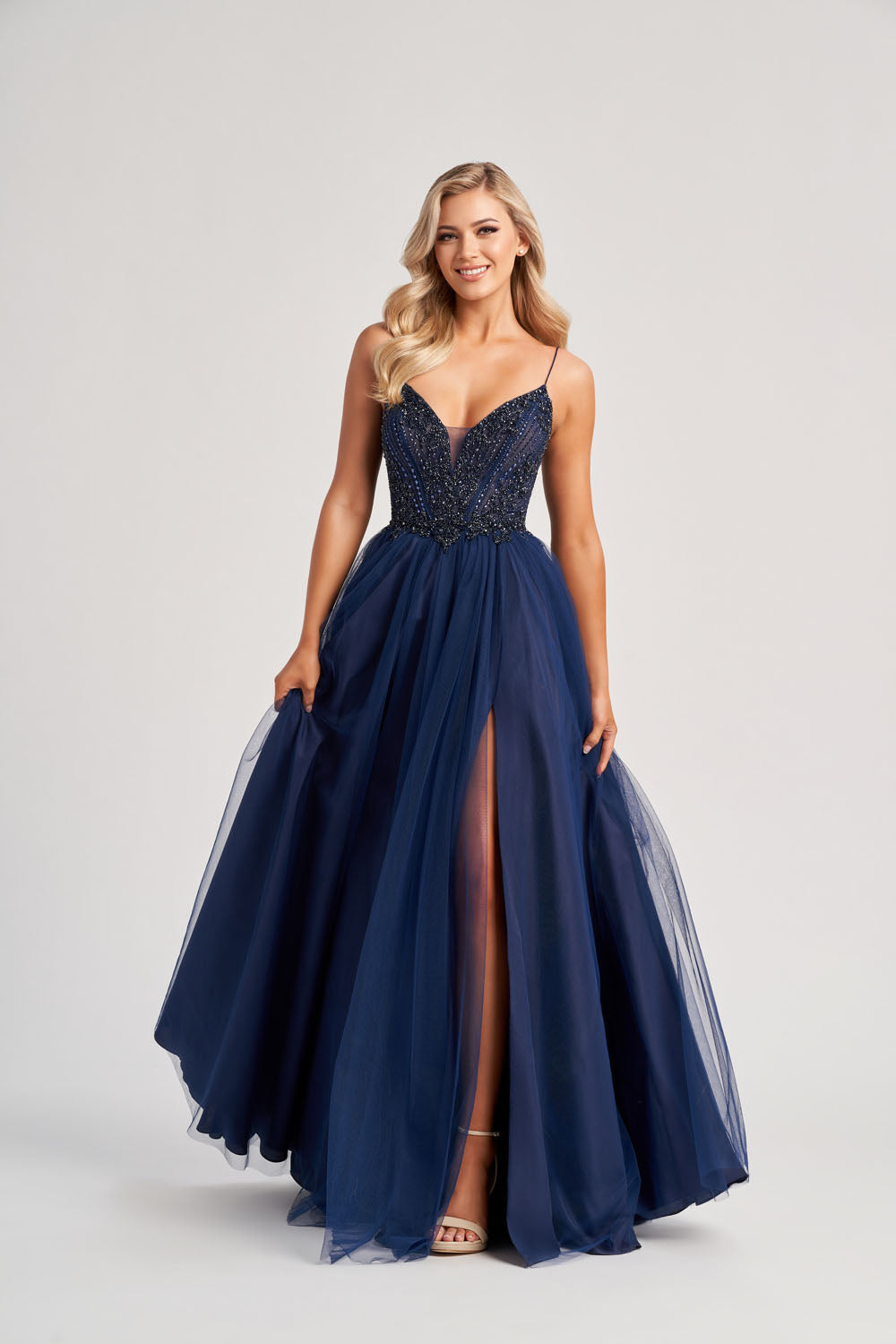 Colette CL8250 prom dress images.  Colette CL8250 is available in these colors: Emerald, Navy Blue.