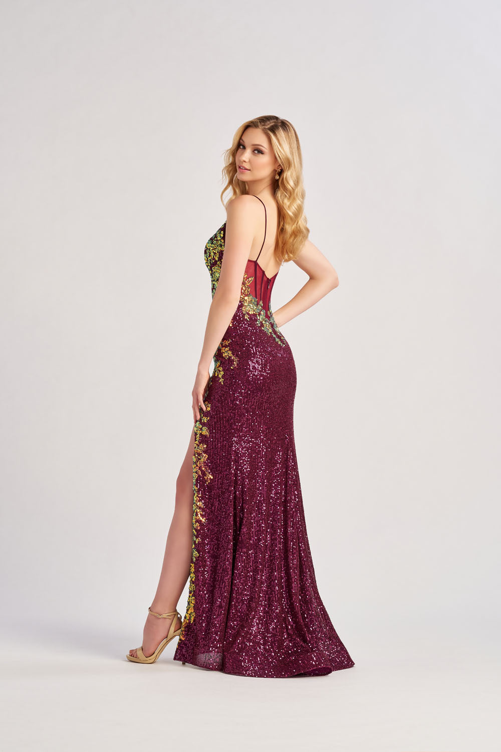 Colette CL8425 prom dress images.  Colette CL8425 is available in these colors: Black Silver, Emerald, Wine.