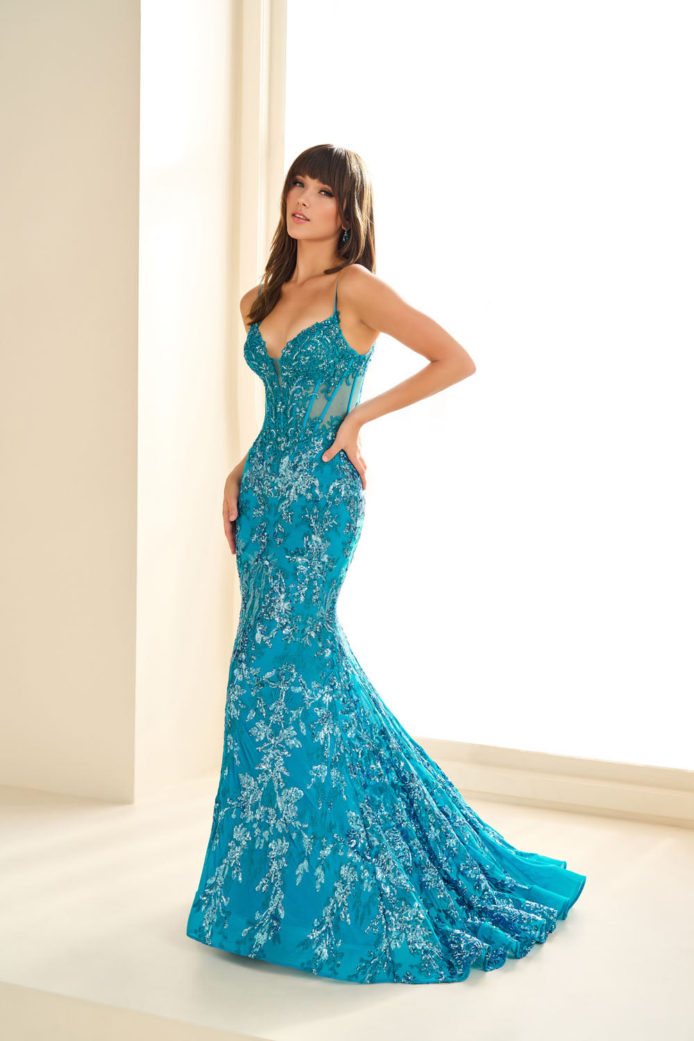 Ellie Wilde EW36003 mermaid prom dress images.  Ellie Wilde EW36003 is available in these colors: Red, Dusk, Navy Blue, Emerald, Cerulean Blue, Hot Pink, Black.