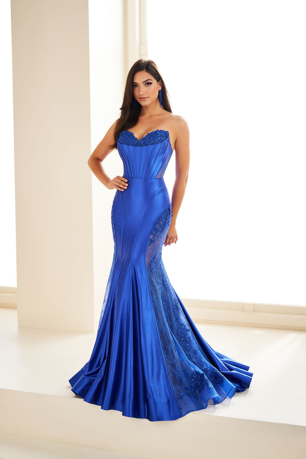 Ellie Wilde EW36010 mermaid prom dress images.  Ellie Wilde EW36010 is available in these colors: Red, Hot Pink, Black, Royal Blue, Navy Blue, Diamond White.