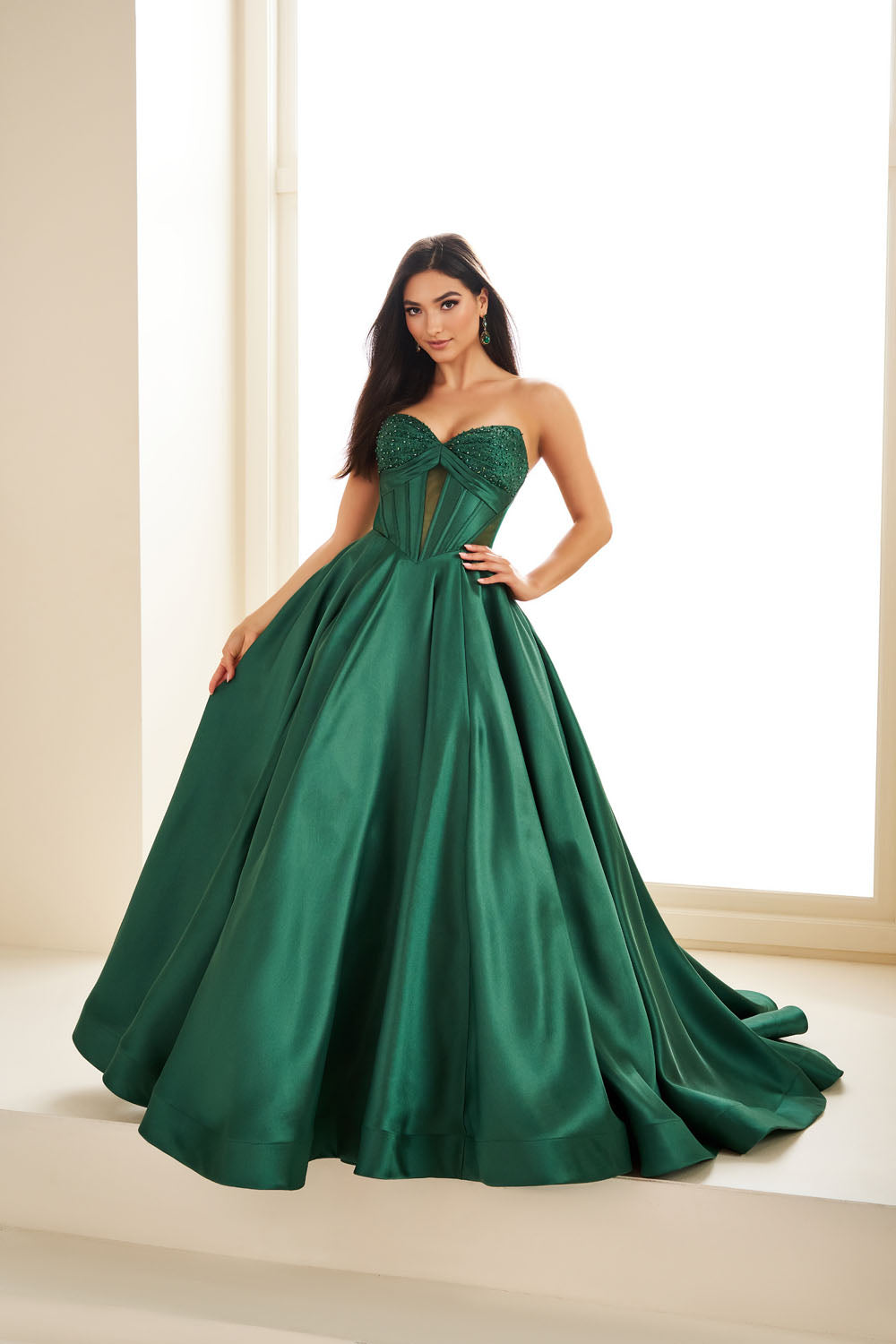 Ellie Wilde EW36025 ball gown prom dress images.  Ellie Wilde EW36025 is available in these colors: Ice Blue, Blue Hydrangea, Red, Emerald, Black, Diamond White.