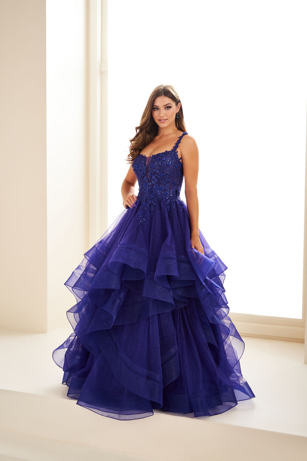 Ellie Wilde EW36035 ball gown prom dress images.  Ellie Wilde EW36035 is available in these colors: Bluebell, Lavender, Papaya, Indigo, Gold.