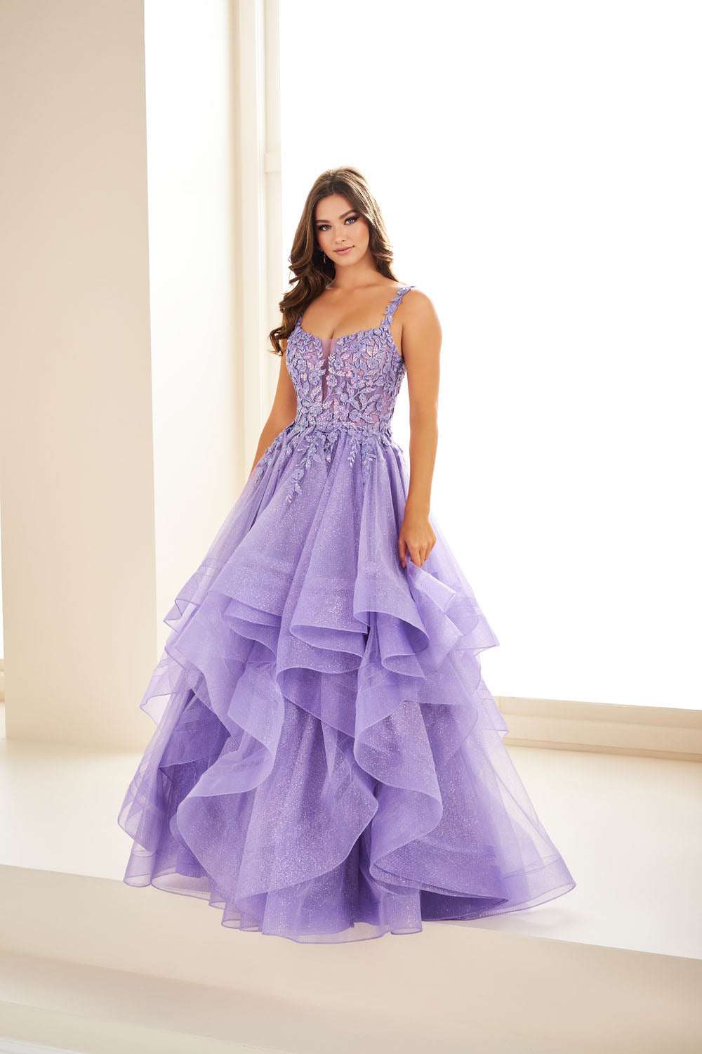 Ellie Wilde EW36035 ball gown prom dress images.  Ellie Wilde EW36035 is available in these colors: Bluebell, Lavender, Papaya, Indigo, Gold.