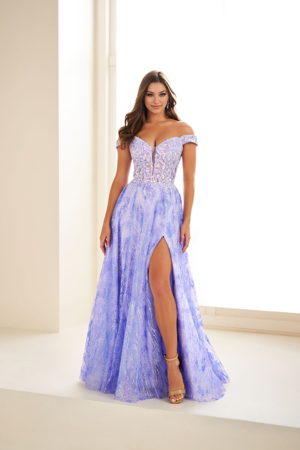 Ellie Wilde EW36039 a-line prom dress images.  Ellie Wilde EW36039 is available in these colors: Sky Blue, Carribean Mist, Lavender Dream, Flamingo Pink.