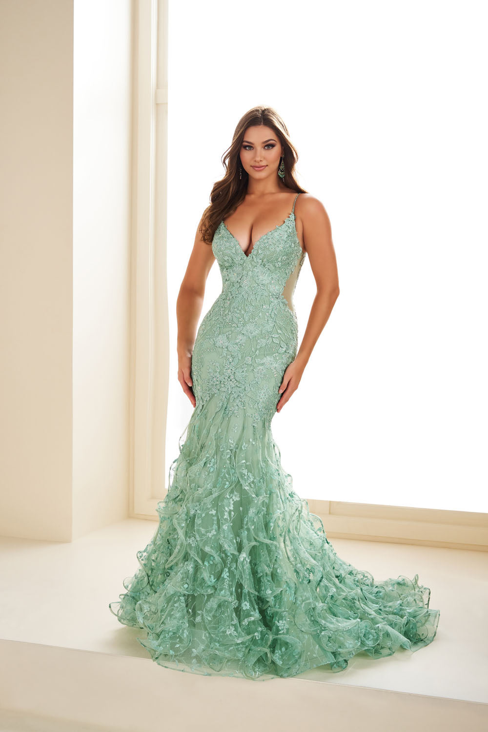 Ellie Wilde EW36041 mermaid prom dress images.  Ellie Wilde EW36041 is available in these colors: Light Yellow, Strawberry, Sage, Fuchsia, Navy Blue.