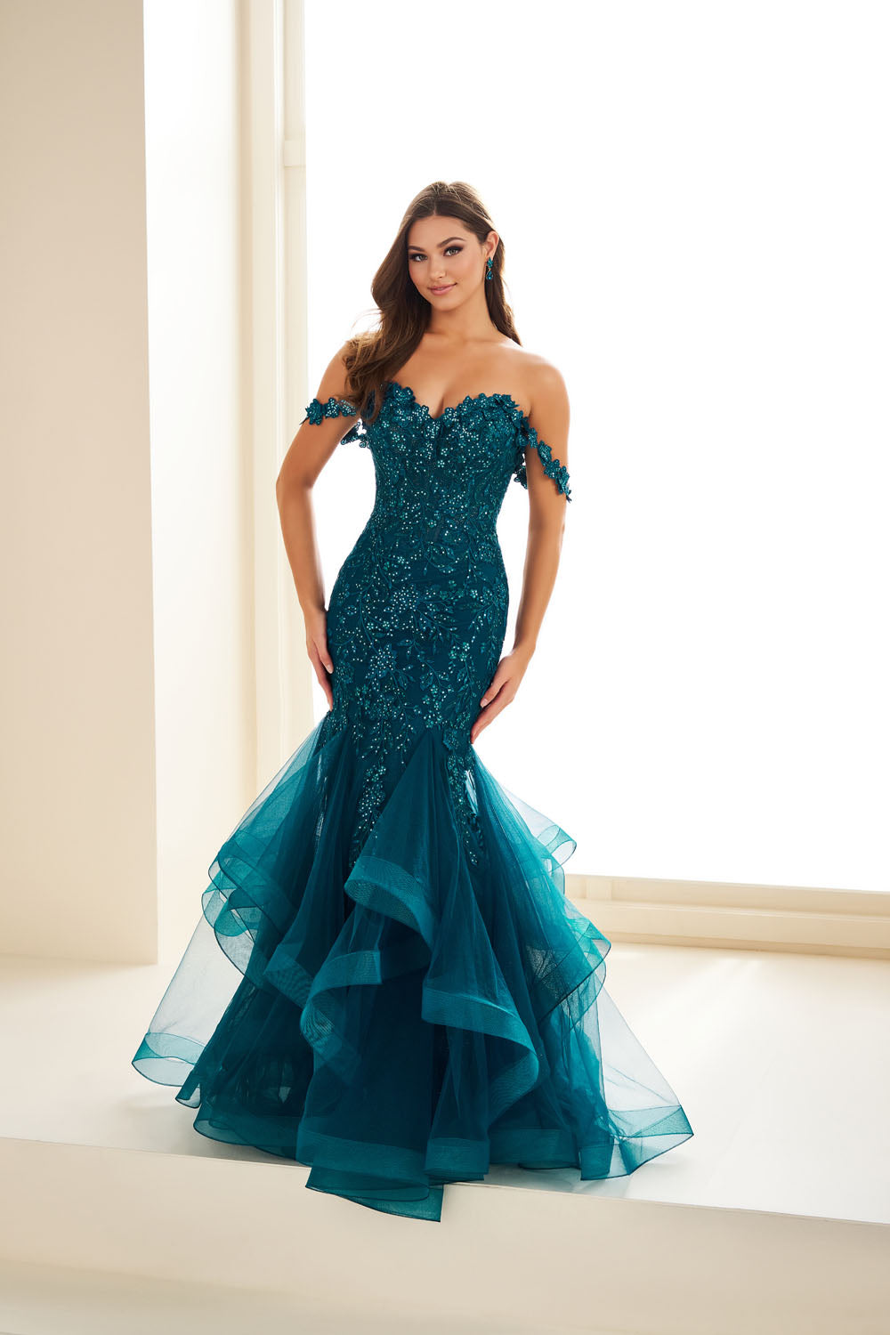 Ellie Wilde EW36047 mermaid prom dress images.  Ellie Wilde EW36047 is available in these colors: Papaya, Indigo, Dark Teal.