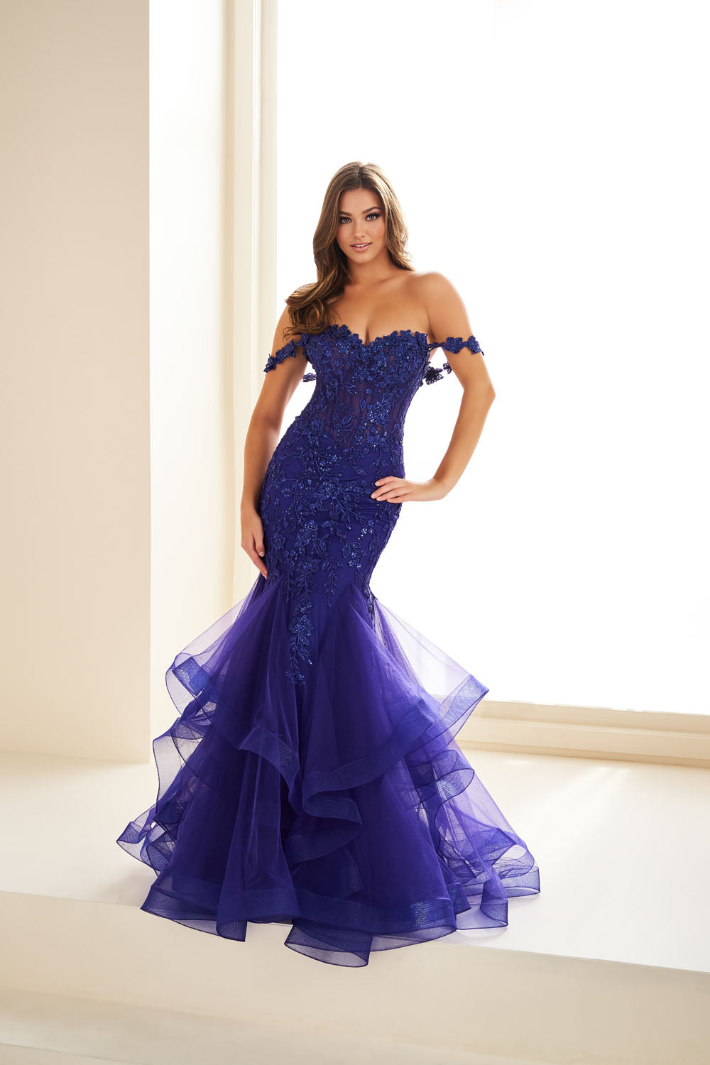 Ellie Wilde EW36047 mermaid prom dress images.  Ellie Wilde EW36047 is available in these colors: Papaya, Indigo, Dark Teal.