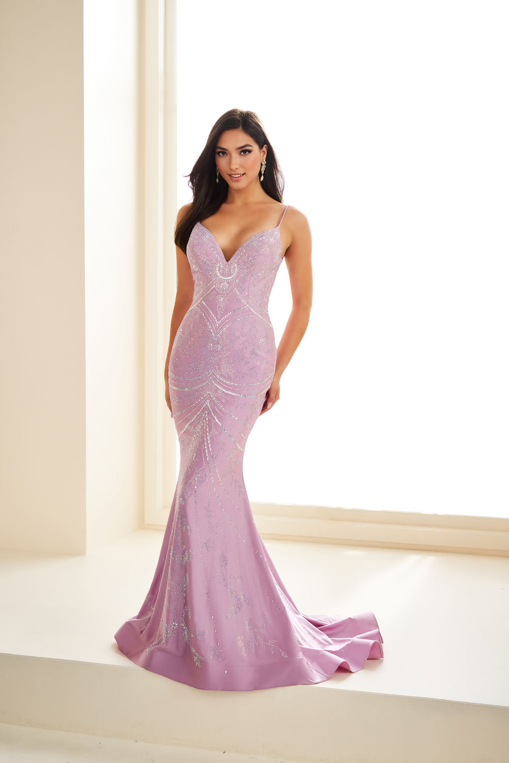 Ellie Wilde EW36048 mermaid prom dress images.  Ellie Wilde EW36048 is available in these colors: Black, Navy Blue, Lavender Haze, Macadamia.