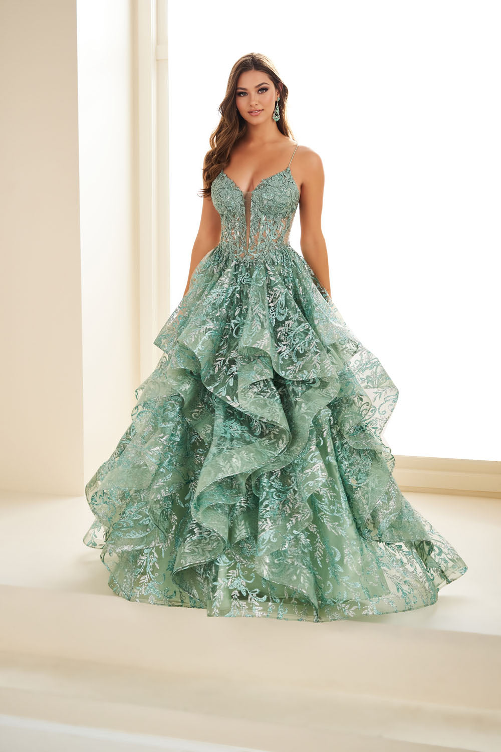 Ellie Wilde EW36054 ball gown prom dress images.  Ellie Wilde EW36054 is available in these colors: Dusk, Gold, Sage.