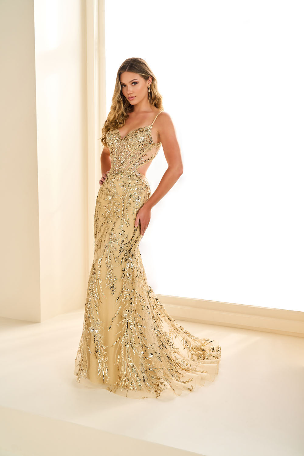 Ellie Wilde EW36060 fit and flare prom dress images.  Ellie Wilde EW36060 is available in these colors: Gold, Silver, Steel Blue, Black, Ruby.