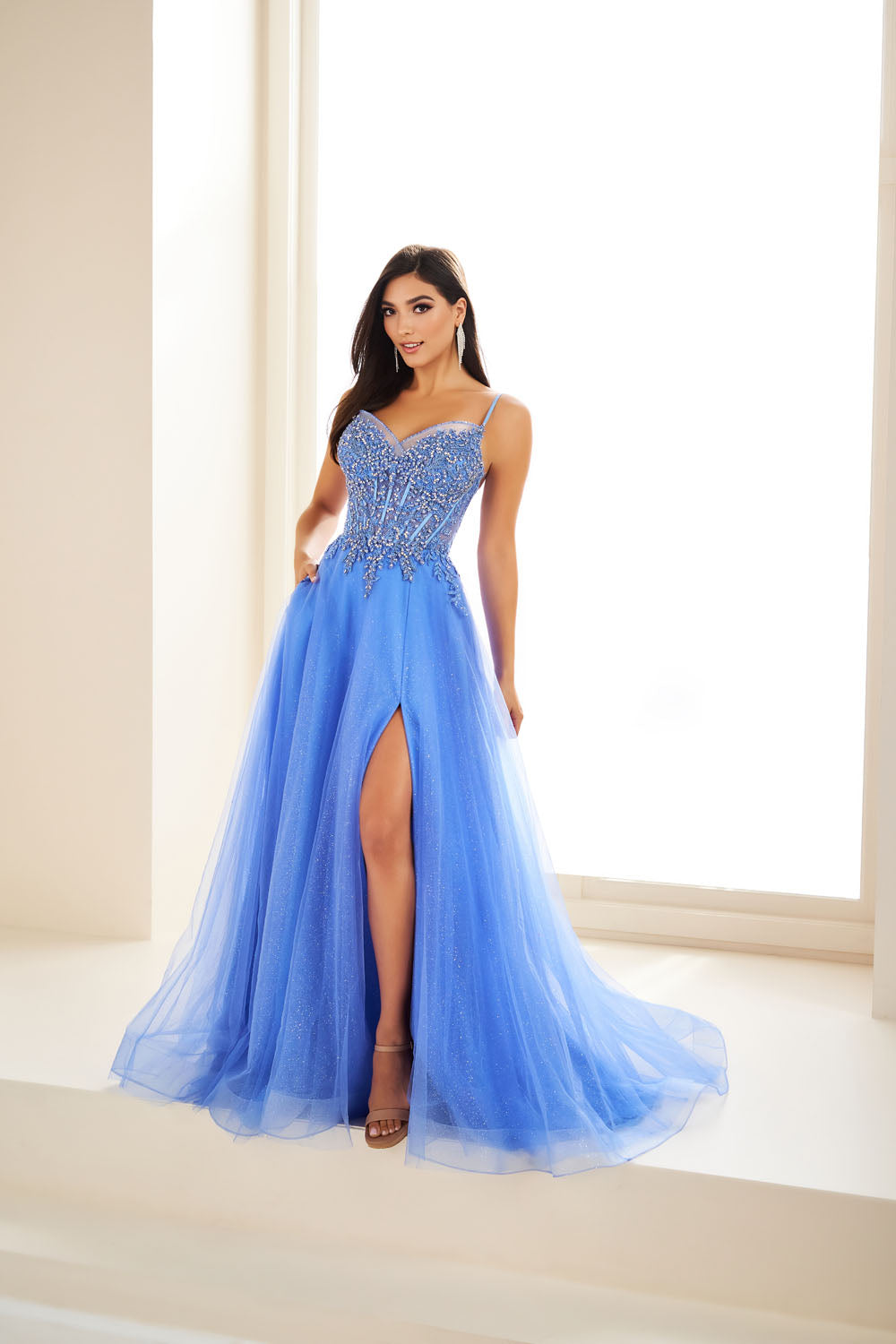 Ellie Wilde EW36066 a-line prom dress images.  Ellie Wilde EW36066 is available in these colors: Emerald, Blue Moon.