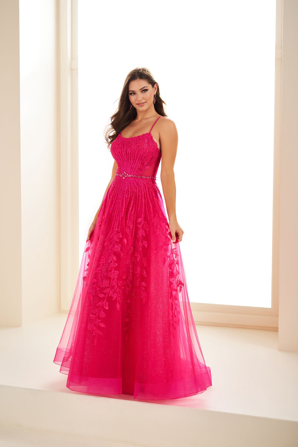 Ellie Wilde EW36068 a-line prom dress images.  Ellie Wilde EW36068 is available in these colors: Emerald, Strawberry, Silver Nude, Lilac, Fuschia.