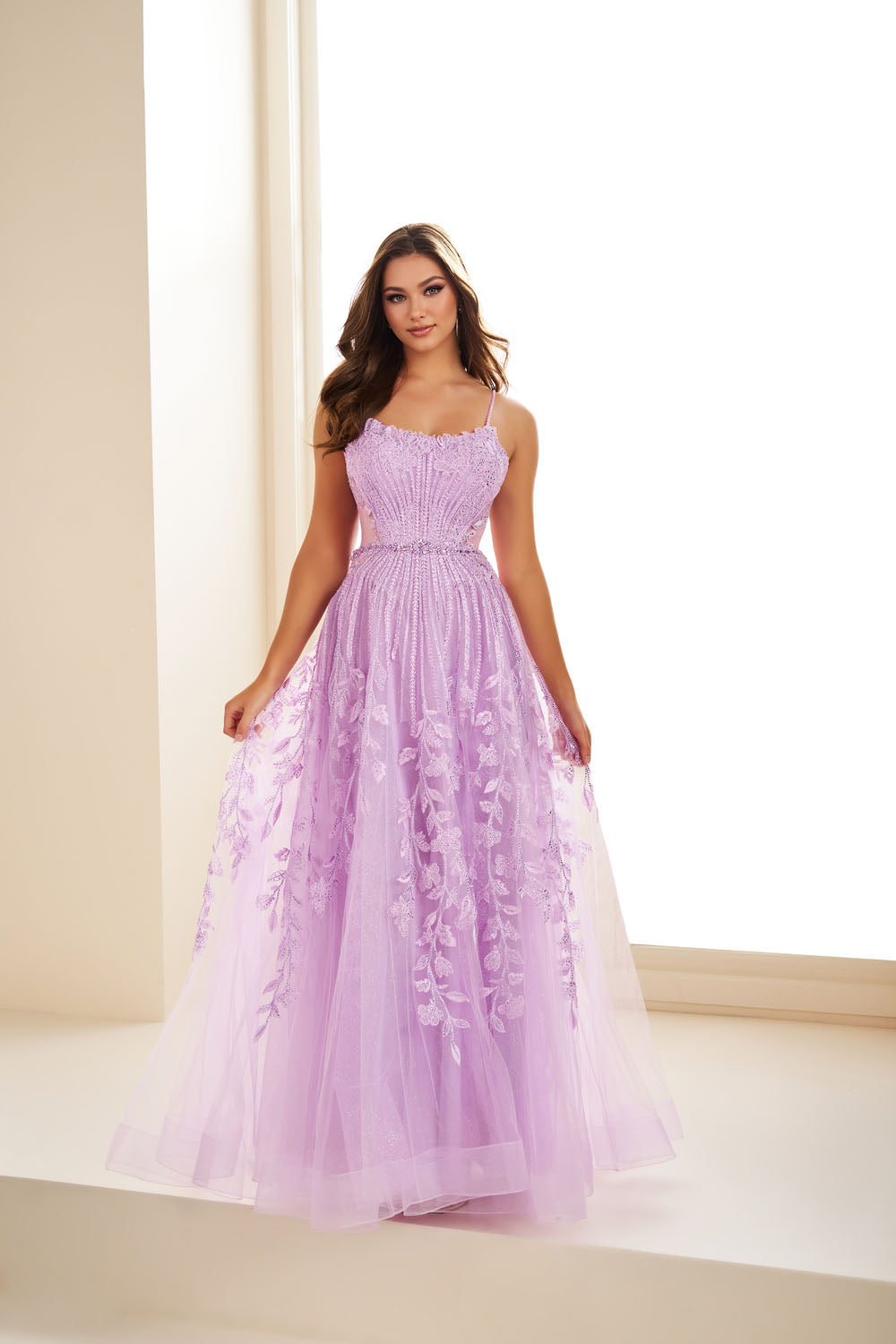 Ellie Wilde EW36068 a-line prom dress images.  Ellie Wilde EW36068 is available in these colors: Emerald, Strawberry, Silver Nude, Lilac, Fuschia.